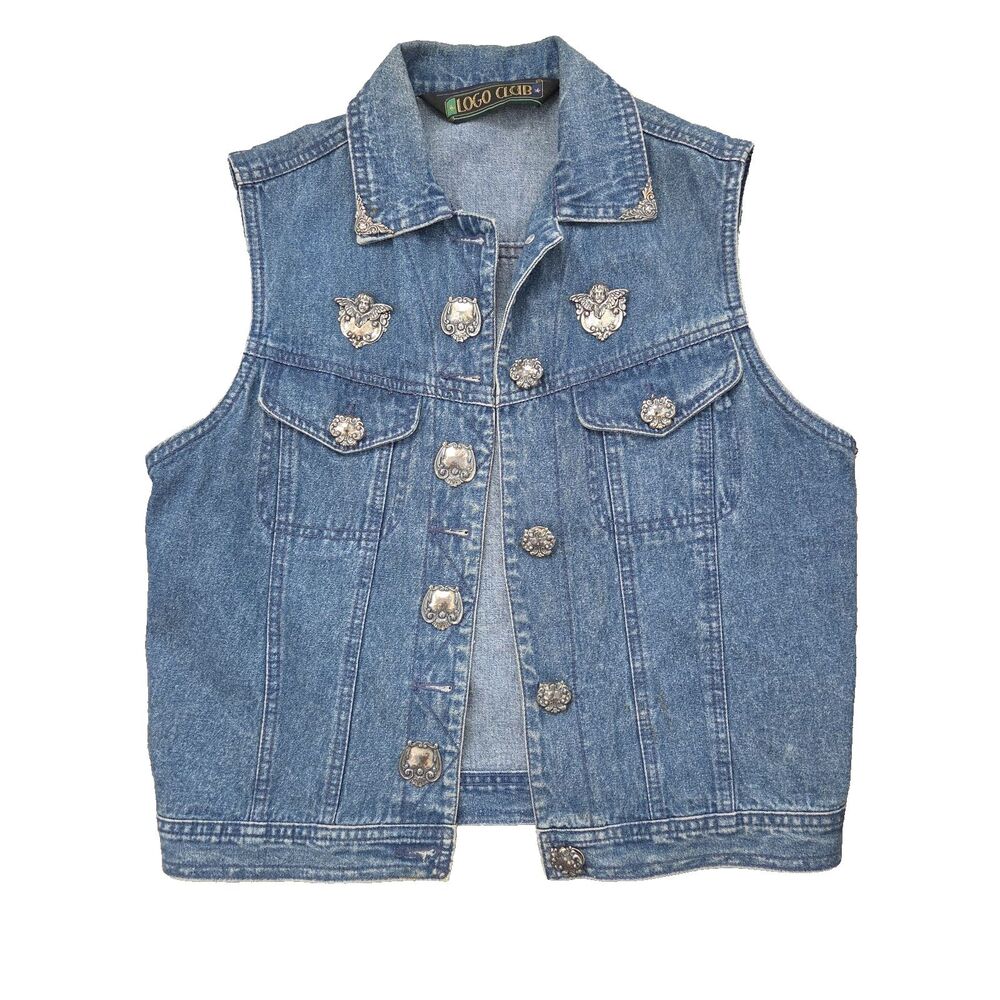 Vintage Logo Club Women's Denim Vest Size Small Blue Cotton Metal Buttons Tips